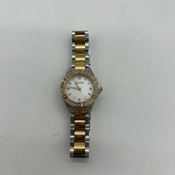Bulova Crystal Watch Women 28mm MOP Dial Two Tone Round 98R236 New